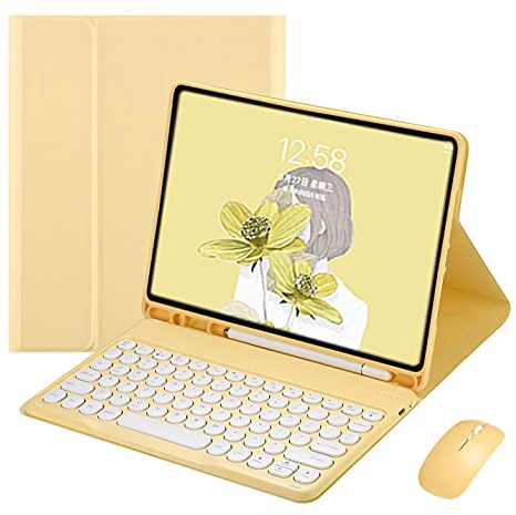 YEEHi Keyboard Case Mouse for iPad Air 13 inch (M4/M3/ M2)/ iPad Pro12.9 inch (6th/5th/4th/3rd Generation) Case with Pencil Holder Cute Round Key Bluetooth Detachable Color Keyboard Cover (Yellow)