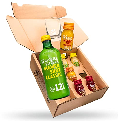 Kloster Kitchen Set da degustazione allo zenzero biologico S, 1x 360 ml + 6x 30 ml con veri pezzi di zenzero, set regalo con frullato di zenzero vegano (incl. cauzione di 0,25 €)