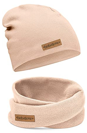 Bubalove Mützen und Schals für Jungen, Mädchen, Babys, Größen 1 Jahr bis 8 Jahre+ viele Farben, Baumwolle Kinderset Mütze und Schornstein, Baumwollmützen, (beige, 4-8 Jahre (46-52 cm))