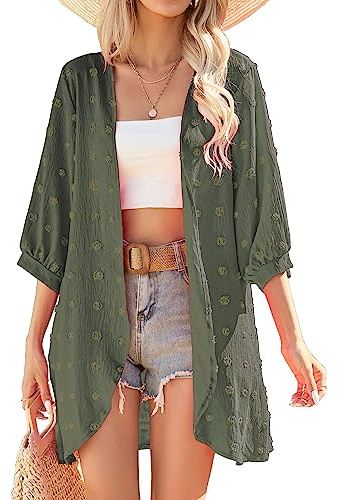 Yekaty Kimono Cardigans for Women Summer Kimono Lightweight Cardigans 3/4 Sleeve Plus Size Cardigan Army Green