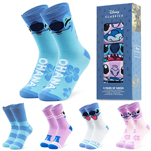 Disney Stitch Damen Socken, bunte warme Strümpfe mit Motiv, Geschenke für Frauen, Teenies, 5er-Pack (35-41 EU, Rosa/Blau Stitch)