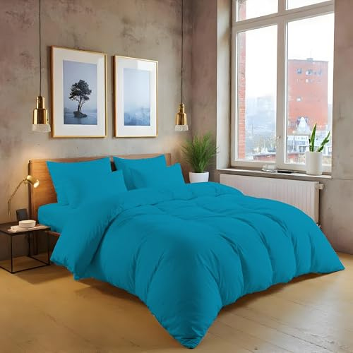 MistyMorning Plain Duvet Cover sets, Soft & Premium quality Bedding & Linen, Egyptian Cotton with 200 Thread Count. (Teal, Super King)