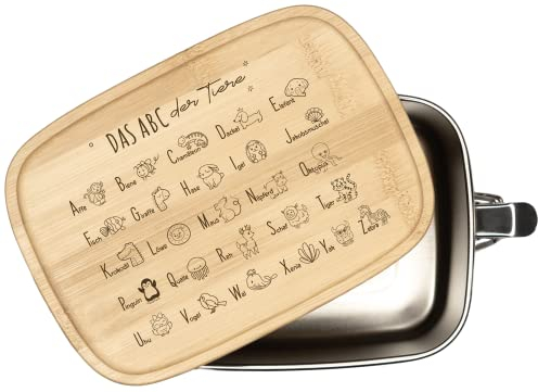Tassenbrennerei Kinder Brotdose - Das ABC der Tiere - 1000ml - Edelstahl mit Bambusdeckel - Geschenk für Jungen & Mädchen für Schule und Kindergarten
