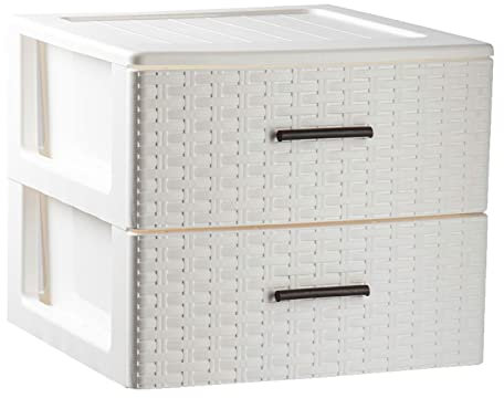 AC - Cajonera de Ordenación Modelo Rattan - 2 Niveles - Torre de almacenaje Multiusos, Organizador Auxiliar, Almacenamiento, baño - 31,5 x 36,5 x 36,5 cm - Color Blanco