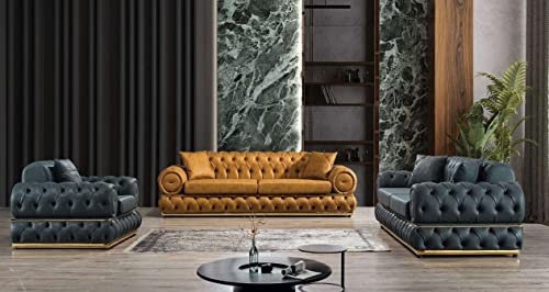 JV Möbel Sofagarnitur 3+3+1 Sitzer Garnitur Sofa Sessel Sofas Leder Luxus Chesterfield