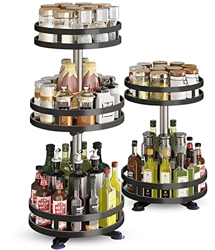 MAAZU MERT Lazy Susan Spice Rack – 3 Tiered Carbon Steel Rotating Storage Rack for Spices, Sauces, Bottles – Modern Matte Black Kitchen Cupboard Organiser – Functional and Practical Design Herb Rack