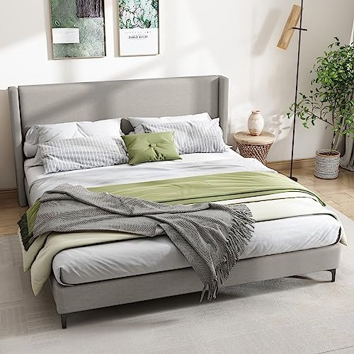 Daesar Doppelbett Polsterbett 180x200, Bettgestell mit Lattenrost und Kopfteil, Modern Bett Grau Linen für Erwachsene Jugendliche