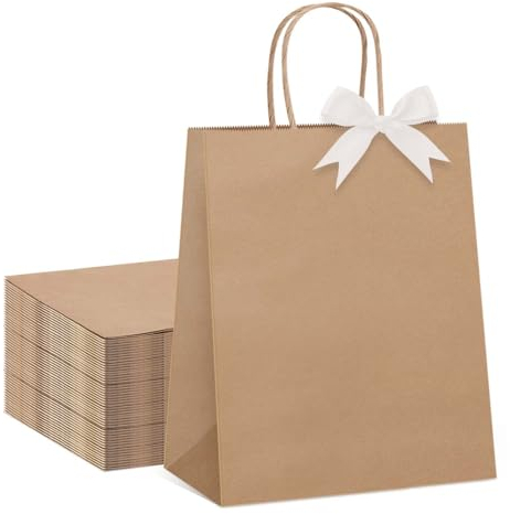 Switory Braun Papiertüten, 50 Stück Geschenktüten, Klein Partytüten mit Henkel, Kraft Einkaufstüten für Geburtstag, Hochzeit, Einzelhandel, Weihnachten, Ostern(21X15X8cm)