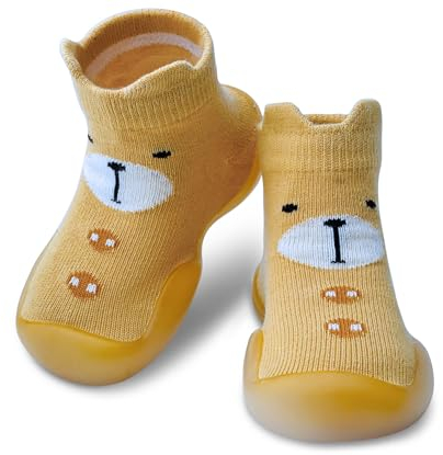 Dookeh Krabbelschuhe Baby, Lauflernschuhe Kinder, rutschfeste Hüttenschuhe Sockenschuhe für Mädchen Junge (10-Dunkelgelb, EU Schuhgrößensystem, Baby, Alter (von/bis), M, 6 Monate, 12 Monate)