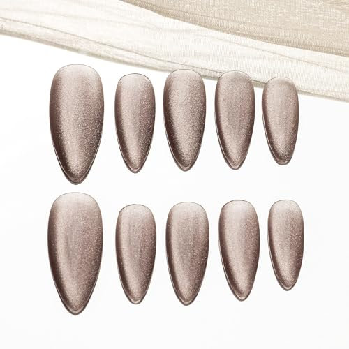 Sun&Beam Nails Handgefertigte Kunstnägel Mittel Lang Mandel Nägel zum Aufkleben in Braun Beige Magnetisches Minimalistisch Glänzend Design mit Klebepads 10 Stück (#122 L)