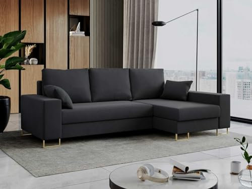 MKS MEBLE Ecksofa - L-Form Sofa mit Schlaffunktion - Wohnlandschaft L Form, Ecksofa mit Schlaffunktion und Bettkasten, Schlafsofa mit Bettkasten, Couch mit Schlaffunktion - Dunkelgrau Dorian