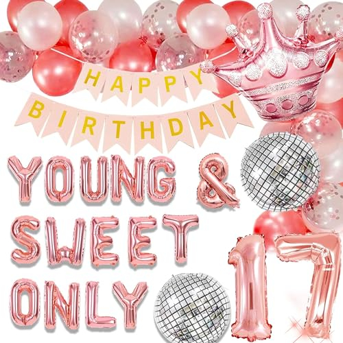 LaVenty Young and sweet only 17 Geburtstagdekoration 17. geburtstag Dekoration Mädchen Rosegold Tortendeko Geburtstag Rosegold Party Deko 17 Geburtstag Mädchen Junge Deko
