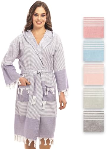 Bademantel aus Hamamtuch, Saunatuch, für Frauen für ultimativen Luxus, mit Gürtel & Kapuze - Langform Damen Leicht und Modisch (S-M, Lila)