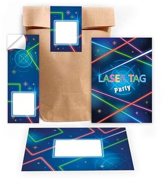 Limonia 8 Einladungskarten zum Kindergeburtstag Motto Laser Tag Lasern neon Einladung Geburtstag Mädchen Kinder Jungs Jungen Boys Geschenktüte Set inkl. 8 Umschläge, 8 Tüten, 8 Aufkleber
