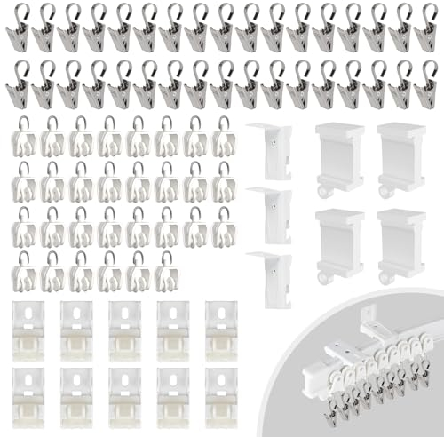 EFUTURETIME 81 Stück Gardinenschienen Zubehör, Laufrollen, Endabdeckungen, Edelstahl Vorhang Clips, Deckenhalterung für Vorhangschienen, Weiß