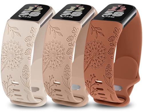 TOYOUTHS 3 Stück Löwenzahn Floral Gravierte Armband Kompatibel mit Fitbit Charge 6/Charge 5 Armband Damen, Blume Cute Weich Silikon Sport Armbänder für Charge 6, Polarstern/Milchtee/Braun