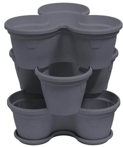 Engelland 3X Blumentopf, Säulentopf, Pflanzturm, Hochbeet, Pflanztopf-Kübel mit Untersetzer, stapelbar, widerstandsfähig, Kunststoff, für Außenbereich, 33 Liter, Farbe: Anthrazit
