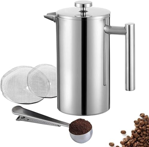 Wrobic Cafetiere French Press Small 350ml/12oz, Cafetiere Stainless Steel Double-Wall Metal Insulated Coffee Press, 3 Level Filtration System with 3 Extra Filter Screens, (1cup)