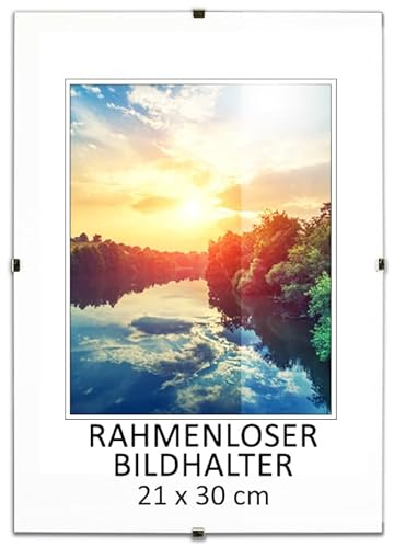 MG Design Cadre photo sans cadre | 21x30cm | Verre acrylique | avec clips | Porte-photo pour affiches photos | Cadre d'affiche | plusieurs tailles | bon pour salon, salle à manger,
