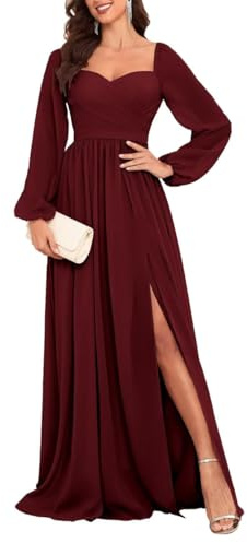 HPPEE Long Sleeve Formal Dresses with Slit for Women Pleated Chiffon Off Shoulder Bridesmaid Dress Burgundy UK20