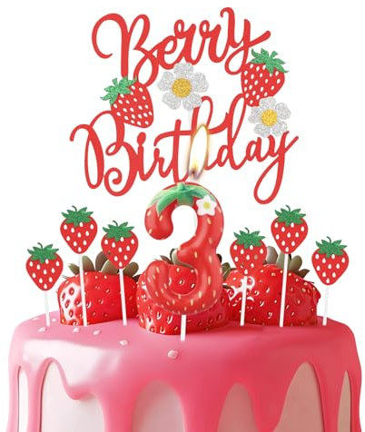 Erdbeere 3 Geburtstagskerzen, rote Erdbeere Nummer 3 Kerze für Kuchen, rote Beere Geburtstagskuchenaufsätze mit weißen Blumen, Erdbeer Themen für Mädchen und Jungen 3rd Geburtstag Dekorationen