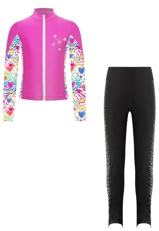 FEESHOW Kinder Mädchen Eiskunstlauf Anzug Glitzer Strass Bedruckte Jacke Eiskunstlauf Hose Set Wettkampf Workout Sport Outfit Skating Suit Hotpink 110-116