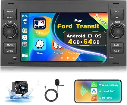 Inefala 4G+64G Autoradio Android 13, 7 Touchscreen Radio für Ford Transit Fiesta Focus Galaxy Mondeo Fusion Kuga 2 Din mit Wireless CarPlay und Android Auto WiFi BT RDS FM SWC MIC Rückfahrkamera