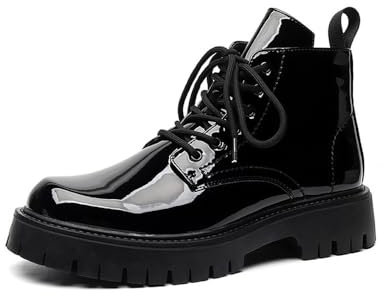 MANLADUO Stivali da lavoro in pelle verniciata impermeabile alla moda da uomo - Stivali lucidi con suola spessa, nero, 39.5 EU