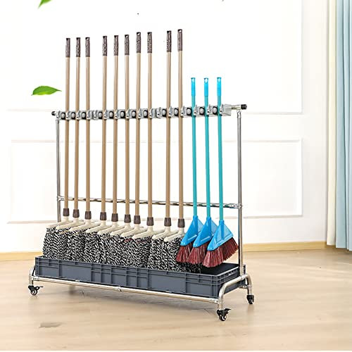 SdaryWare Movable Hand Trucks Broom and Mop Rack,Cleaning Tool Cart,Broom Holder Organizer Movable Closet Storage Cabinet,Mop Rack Tool Rack,Stainless Steel Storage Rack