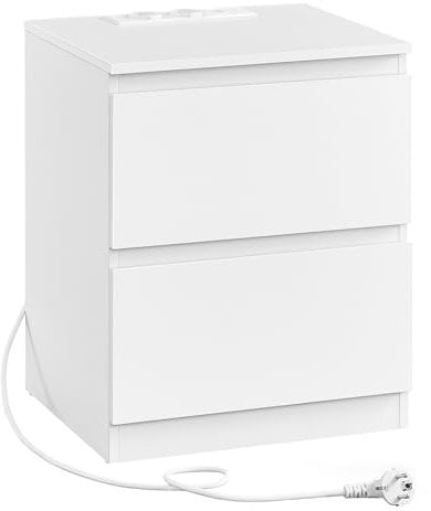VASAGLE Nachttisch mit Steckdosenleiste, Beistelltisch, 2 Schubladen, 2 AC-Steckdosen, 2 USB-A-Anschlüsse, Wohnzimmer Schlafzimmer, modern, wolkenweiß LET621W02