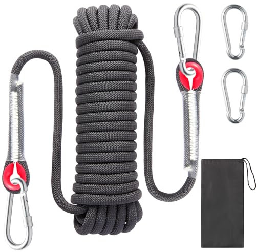 BEOIUCZZY 10M Corda da Arrampicata Fune di Sicurezza, 10mm Corda per Arrampicata su Roccia, Corda per Arrampicata All'Aperto con 2 Moschettone per Alpinismo, Campeggio Sportivo All'aperto, Fuga, Nero