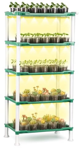 RooTrimmer Saatgut-Starter-Tablett, 5-stöckiger Pflanzenständer mit 4 LED-Wachstumslichtern und 90 Stück, 6,3 cm transparente Pflanztöpfe – für Gartenarbeit, Kräuter, Sämling-Sets und kleine