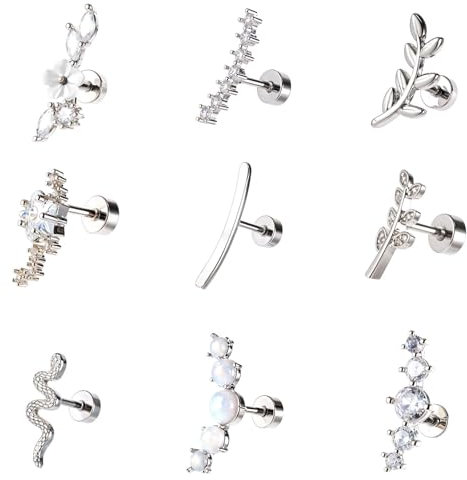 HJZHII 8 Stück Helix Piercing Ohrringe Set, 16G Helix Piercings Conch Piercing Knorpel Tragus Ohrschmuck Edelstahl Flache Rückseite Ohrring Ohrstecker Strass(B)