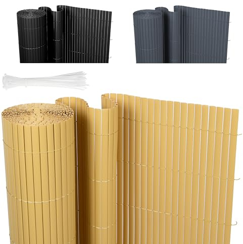 Ribelli® PVC Sichtschutzmatte, Sichtschutzzaun ohne Bohren, Sichtschutz Zaun mit Kabelbindern, Windschutz Wetterfest für Garten, Balkon und Terrasse (80 x 500 cm, Bambus)