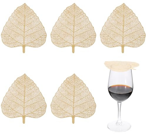 Grevosea 5 Pcs Wine Glass Covers, Ventilated Stainless Steel Cup Covers for Drinks for Safety Leaf Shape Drink Covers to Keep Debris Out for Picnics and Outdoor Party Dinners (Gold)