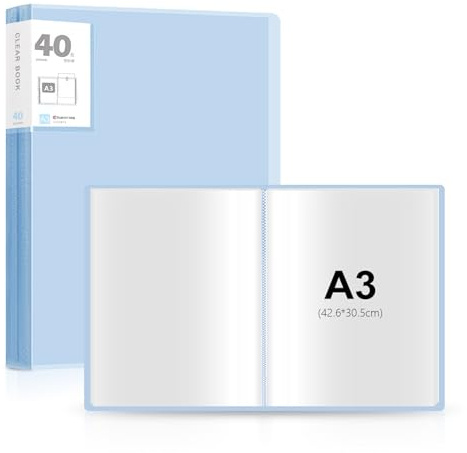 LAWALEISHE A3 Display Book Folder, 40 Pocket Book Presentation Portfolio Folder with Clear Plastic Sleeves,Arts Presentation Folders for Painting Artwork Portfolio (Blue)