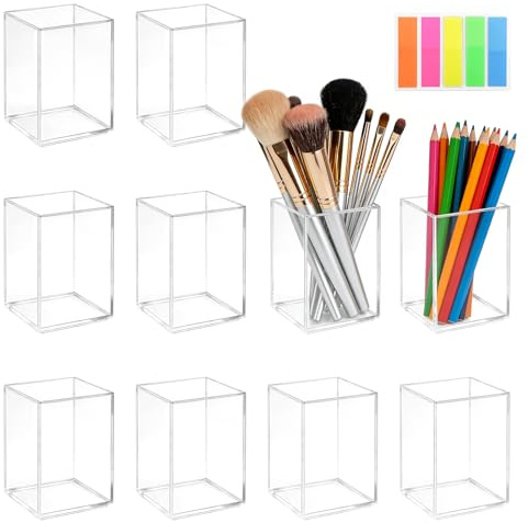 Jiayaus 10Pcs Acrylic Pen Pot, Square Clear Pen Holder for Desk | Transparent Makeup Brush Holder, Stationary Organiser, Pencil Pots for Classroom School Home Office