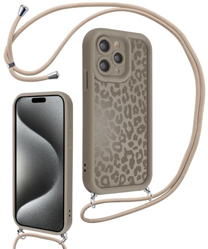 Xylota Coque avec Cordon pour iPhone 15 Pro, Aesthetic Léopard Motif Etui avec Réglable Collier Souple Silicone Corde Caméra Protection Bumper Case, Lanyard Housse pour iPhone 15 Pro 6,1'', Marron