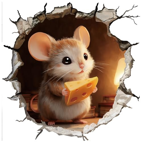 fufuquare 3D Karikatur Maus Loch Wandtattoo Abziehen und Aufkleben, Entzückender Käse stehlen Ratten mit Ecklichtern Wandaufkleber für Kinderzimmer, Wohnzimmer, Schlafzimmer