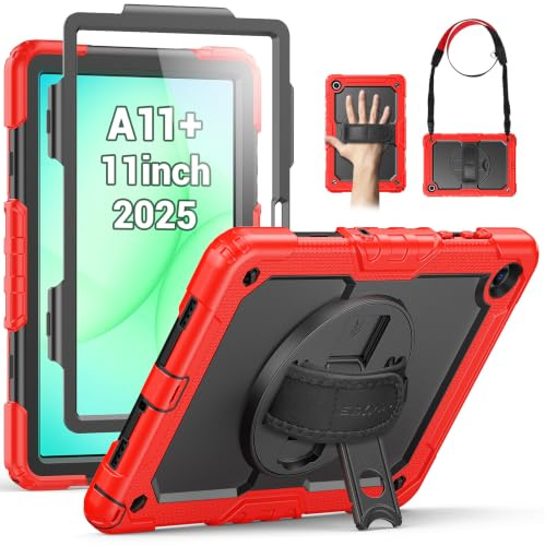 SEYMAC Cover per Samsung Galaxy Tab A11+/A11 Plus - 11 Pollici 2025, Rosso | Custodia Antiurto con Pellicola Protettiva, Supporto Girevole a 360° e Cinghia da Mano, Tracolla, Portapenne e Robusta