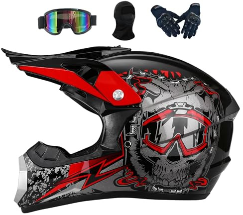 Motorradhelm Kinder 5-15 jährigen, Jugend Motorrad Downhill Full Face MTB ATV Helm, Herren Crosshelm, für Motocross, Dirtbiken und Offroad-Aktivitäten, mit Handschuhe Brille