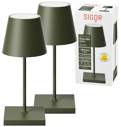 SIGOR Nuindie 2.0 mini Akku-Tischlampe, 2er-Set, tannengrün | Dimmbar • Indoor & Outdoor • IP54 • 25 cm • USB-C • 12 h Leuchtdauer