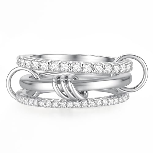 Emibele Silber Stapelringe für Damen, ineinandergreifende Silberringe, nicht anlaufend, zarte Zirkonia-Ringe, Statement-Band, mehrgliedrige, miteinander verbundene Metall-Stapelringe, Größe 7