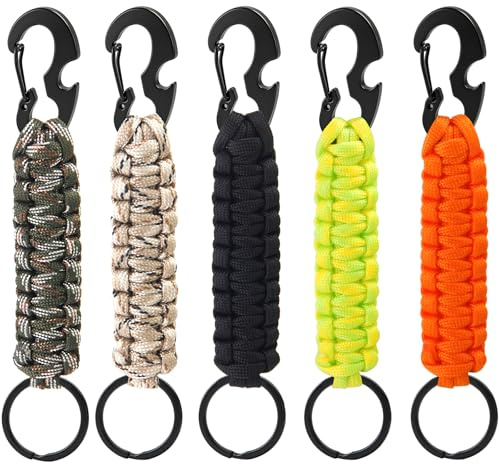 KIBBEH 5 Stück Schlüsselanhänger Paracord mit Multifunktions Karabiner | Paracord Schlüsselband, Geflochtenes Lanyard für Camping/Wandern/Outdoor/Alltag, leicht, langlebig, vielseitig einsetzbar