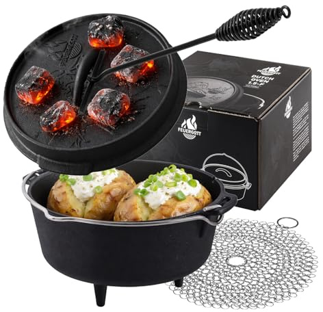 FEUERGOTT Dutch Oven Set 1,5 l Gusseisen Feuertopf mit Füßen Schwarz mit Deckelheber Ringreiniger Outdoor Topf für Grill Feuerstelle Camping BBQ Brot Backen Schmoren