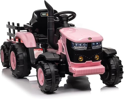 12V Elektrischer Traktor für Kinder mit Anhänger, Elektroauto Aufsitzfahrzeug mit Fernbedienung, LED Licht & Musik, 2 Fahrmodi, Abnehmbarer Anhänger, für Kinder ab 3 Jahre, Rosa