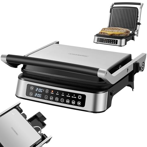 Steinborg® Kontaktgrill abnehmbare Platten mit Touch Display – Elektrischer Tischgrill & Paninigrill, 180° aufklappbar, Antihaft Grillplatten spülmaschinengeeignet, Temperatur- & Timeranzeige