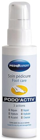 PEDIEXPERT - Podo'Activ - Soin pédicure complet anti-callosités - Nourrit les pieds secs et abîmés - Action défatigante et anti transpirante - Aux Huiles Essentielles - Flacon 100ml
