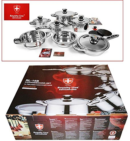 Euroricami Viterbo - mod. Royalty Line Switzerland - Batteria da cucina professionale, in acciaio inox 18/10, confezione da 16 pezzi