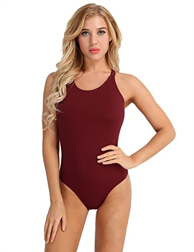CHICTRY Damen Ballettanzug mit Spaghettiträgern Stretch Ballett Body Baumwolle Trikot Leotard Gymnastics Ärmellos Tanzbody Wettbewerb Performance Kostüm Weinrot S